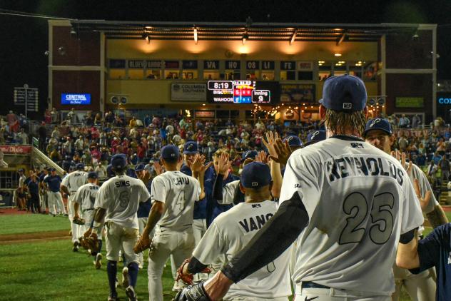 Pensacola Blue Wahoos' Sean Reynolds celebrates win