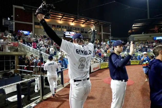 Pensacola Blue Wahoos' Sean Reynolds celebrating comeback win