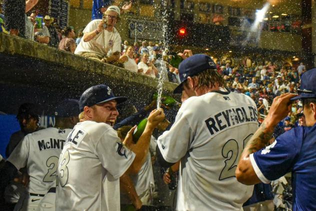 Pensacola Blue Wahoos' Sean Reynolds celebrates win