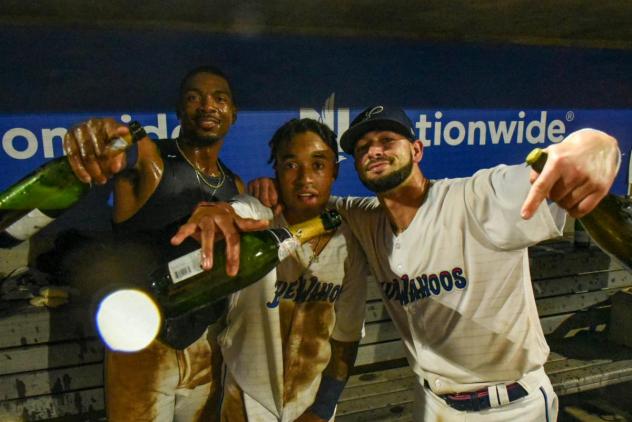 Pensacola Blue Wahoos celebrating victorious night