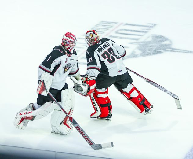 Vancouver Giants' Brett Mirwald and Matthew Hutchison on the ice