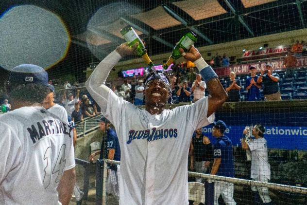 Pensacola Blue Wahoos celebrate a championship berth