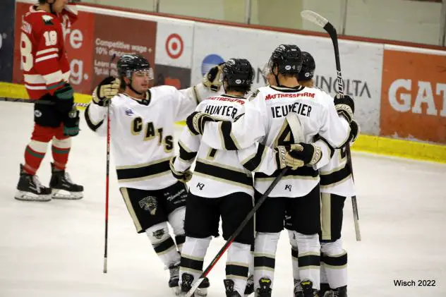 Bismarck Bobcats celebrate a goal against the Aberdeen Wings