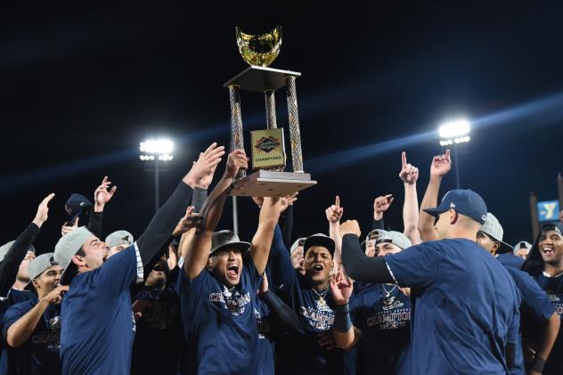 Randy Vasquez of the Somerset Patriots Hoists Eastern League Championship Trophy