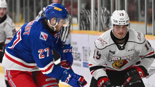 Kitchener Rangers' Roman Schmidt vs. Owne Sounds' Julian Fantino