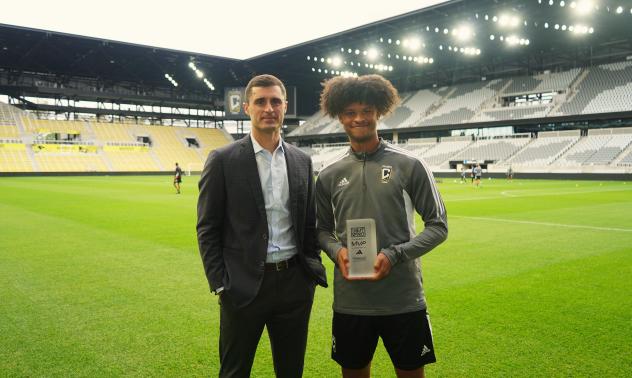 MLS Next Pro Most Valuable Player Jacen Russell-Rowe and Charles Altchek, President of MLS NEXT Pro