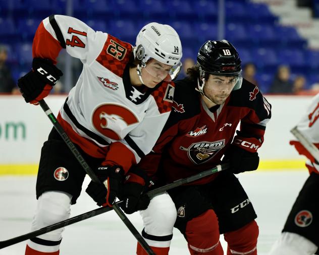 Prince George Cougars' Cayden Glover battles the Vancouver Giants