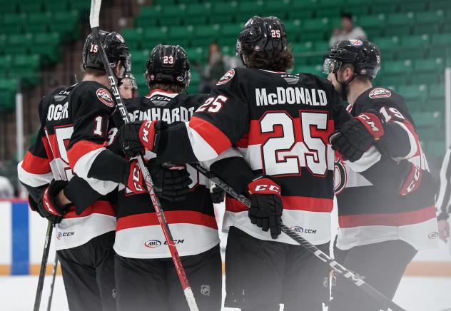 Belleville Senators gather after a goal against the Laval Rocket