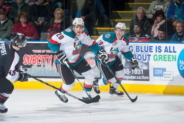Leon Draisaitl (left) and Dillon Dube with the Kelowna Rockets