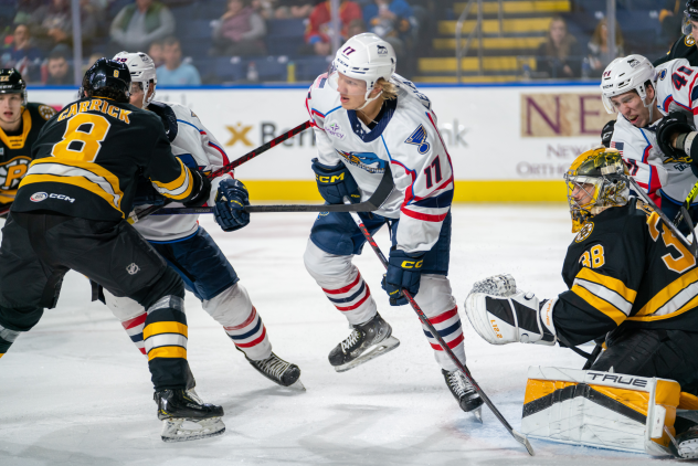 Springfield Thunderbirds' Hugh McGing in action against Providence Bruins' Connor Carrick and Kyle Keyser