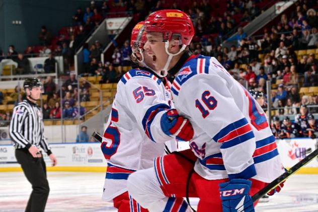 Kitchener Rangers' Reid Valade and Carson Rehkopf celebrate win