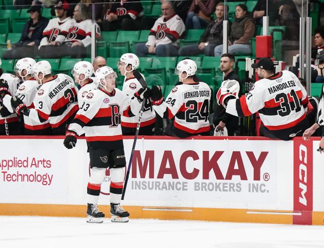 Belleville Senators' Lassi Thomson greets the team