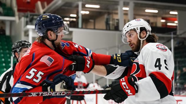 Springfield Thunderbirds' Dmitri Samorukov takes on Belleville Senators' Scott Sabourin