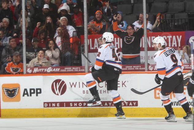 Lehigh Valley Phantoms right wing Hayden Hodgson reacts with the crowd after a goal