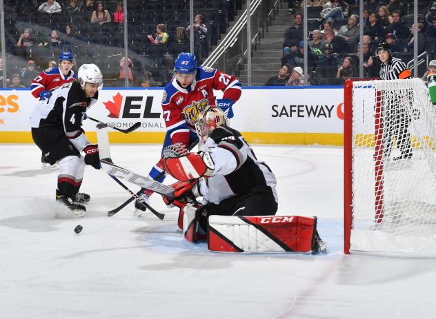 Vancouver Giants' Tom Cadieux battles Edmonton Oil Kings' Rhett Melnyk