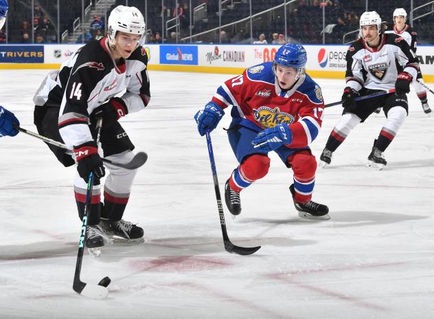 Vancouver Giants' Ethan Semeniuk and Edmonton Oil Kings' Gavin Hodnett in action