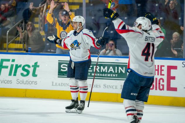 Springfield Thunderbirds' Martin Frk and Will Bitten celebrate win