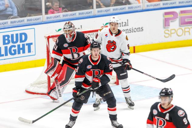 Belleville Senators' Kevin Mandolese and Max Guenette and Rockford IceHogs' Mike Hardman on game day