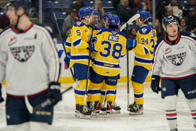 Saskatoon Blades' Aidan De La Gorgendiere, Trevor Wong and Conner Roulette on game day