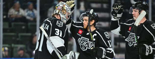 Ontario Reign's Matt Villalta and T. J. Tynan celebrate win