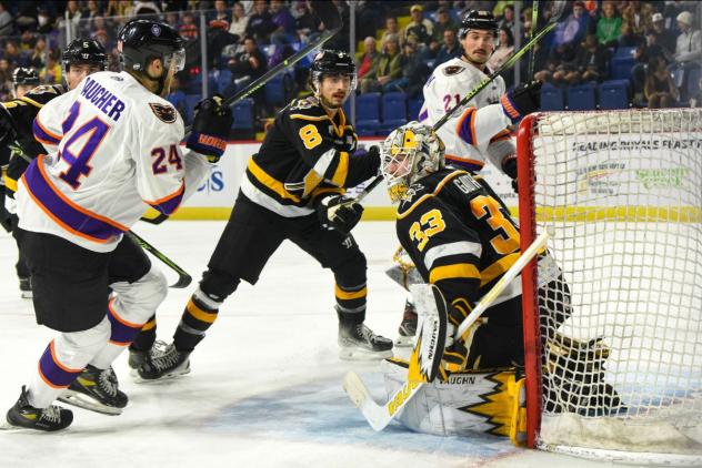 Wheeling Nailers' 8 SAMUEL TREMBLAY and TAYLOR GAUTHIER battle Reading Royals' JACOB GAUCHER and SAM STERNSCHEIN