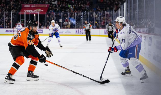 Lehigh Valley Phantoms' Cameron York versus Laval Rocket's Rafael Harvey-Pinard