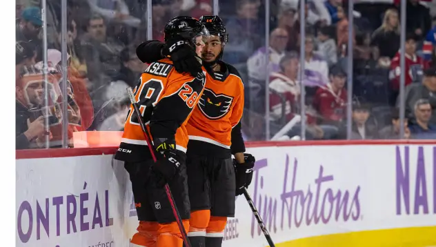 Lehigh Valley Phantoms' Olle Lycksell and Cameron York celebrate win