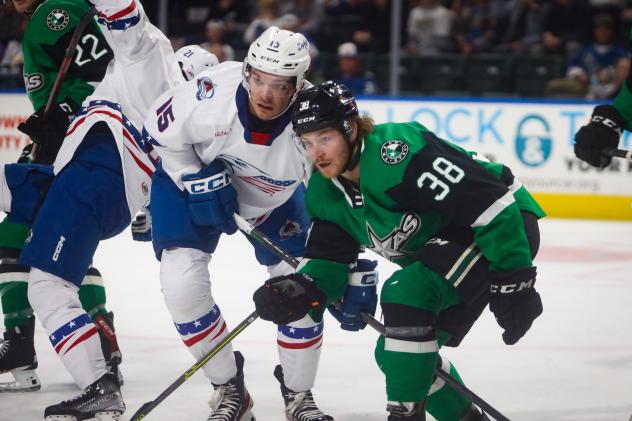 Colorado Eagles' Shane Bowers Battles Texas Stars' Jerad Rosburg