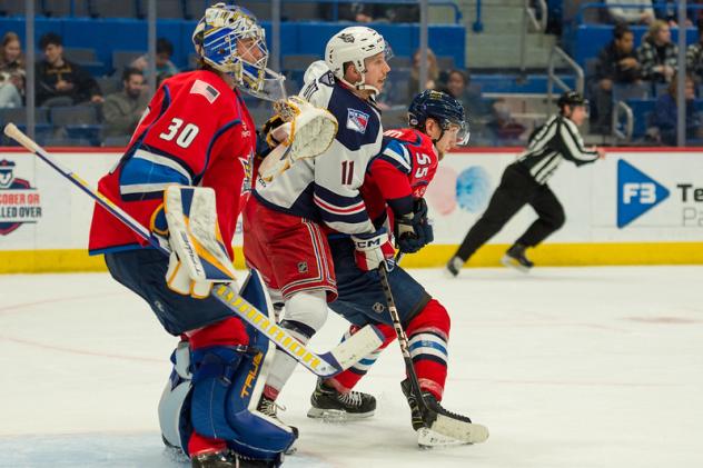 Springfield Thunderbirds' Joel Hoferand And Dmitri Samorukov Battle Hartford Wolf Pack's Tanner Fritz