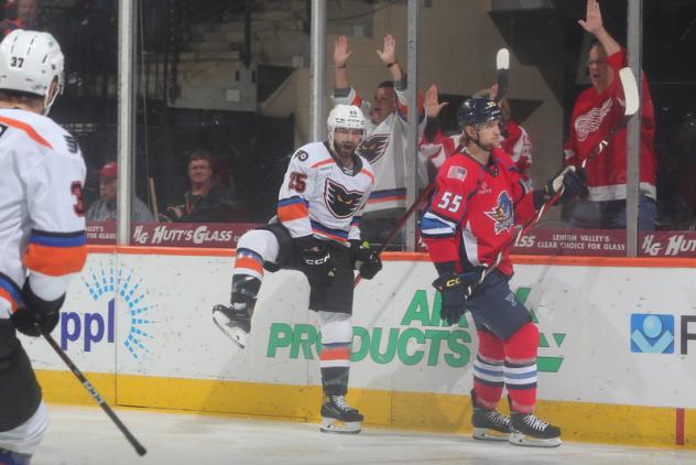Lehigh Valley Phantoms' Cooper Marody and Springfield Thunderbirds' Dmitri Samorukov in action