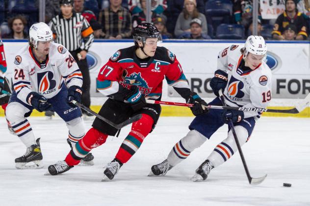Kelowna Rockets centre Colton Dach vs. the Kamloops Blazers