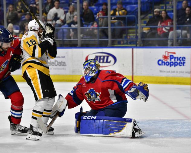 Springfield Thunderbirds' Vadim Zherenko Battles Wilkes-Barre/scranton Penguins' Drake Caggiula