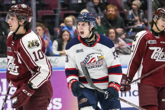 Saginaw Spirit's Roberto Mancini and Peterborough Petes' J.R. Avon and Chase Stillman on game day