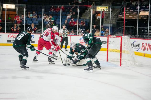 Zach Pochiro of the Allen Americans takes a shot against the Utah Grizzlies