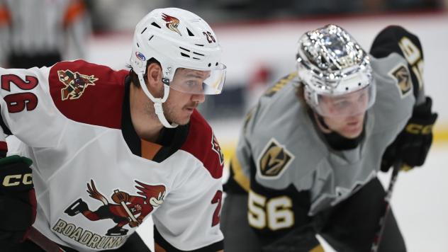 Tucson Roadrunners' Travis Barron and Henderson Silver Knights' Sheldon Rempal in action