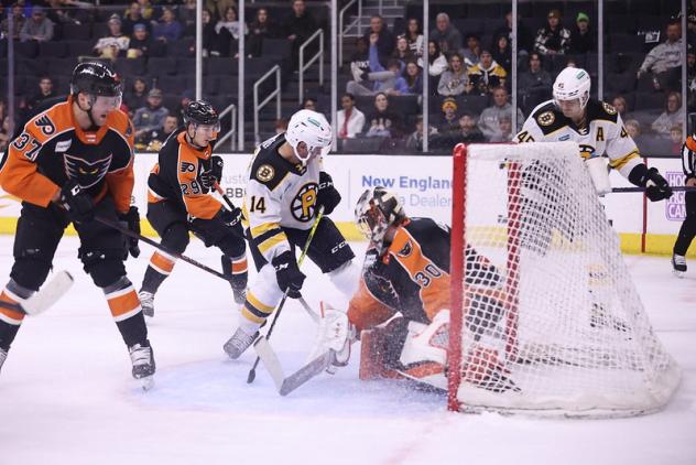 Providence Bruins' Chris Wagner Battles Lehigh Valley Phantoms' Samuel Ersson