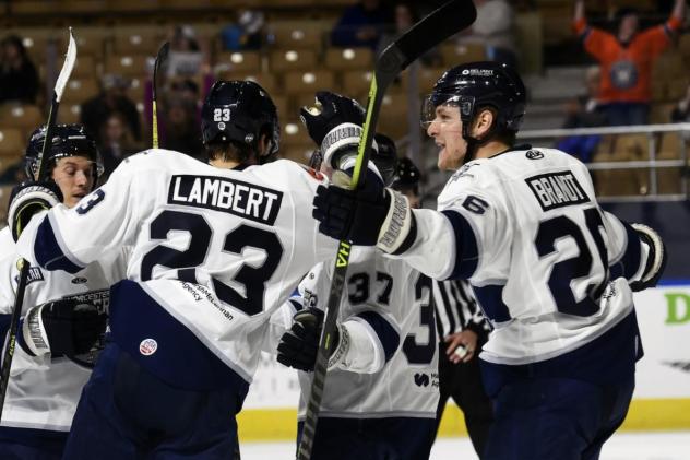 Worcester Railers' Jimmy Lambert, Jared Brandt and Reece Newkirk celebrate win