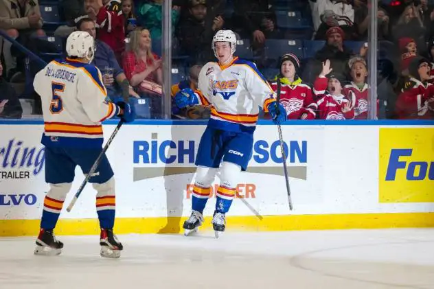 Saskatoon Blades' Aidan De La Gorgendiere celebrates win