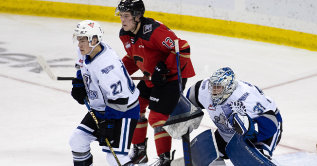 Victoria Royals' Jason Spizawka and Tyler Palmer and Prince George Cougars' Koehn Ziemmer on the ice