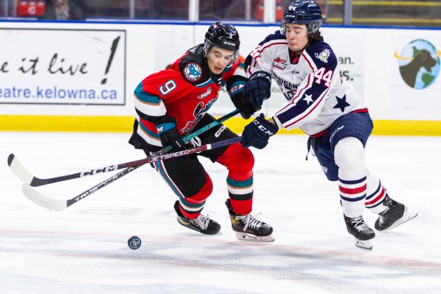 Kelowna Rockets right wing Marcus Pacheco (left) vs. the Tri-City Americans