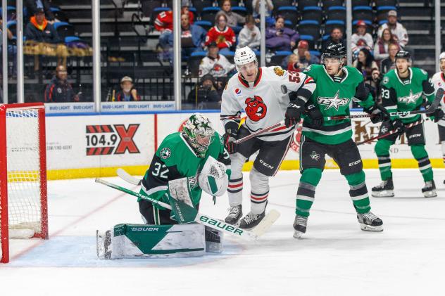 Texas Stars' Matt Murray battles Rockford IceHogs' Buddy Robinson