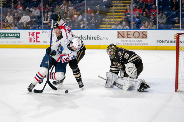 Springfield Thunderbirds left wing Matthew Highmore with the puck against the Hershey Bears