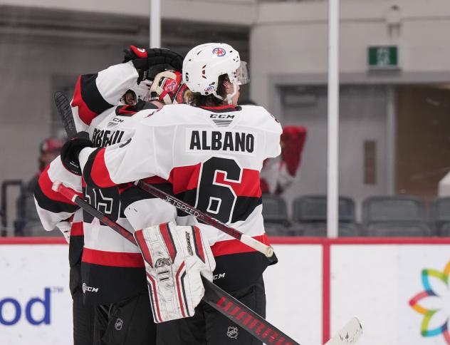 Belleville Senators' Antoine Bibeau celebrates win
