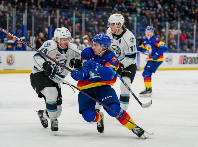 Winnipeg Ice's Graham Sward and Skyler Bruce on the ice