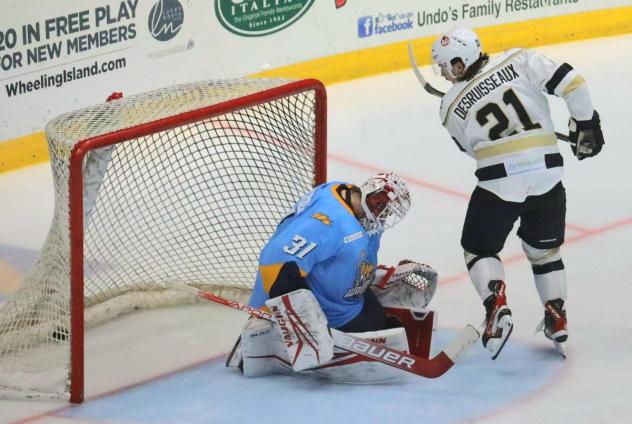 Cédric Desruisseaux of the Wheeling Nailers scores against the Toledo Walleye