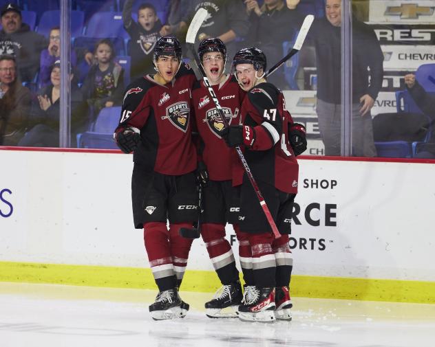 Vancouver Giants forward Samuel Honzek celebrates with teammates