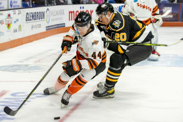 Fort Wayne Komets' Marc-Antoine PÃ‰pin And Wheeling Nailers' Justin Addamo In Action