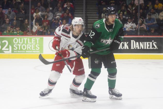 Grand Rapids Griffins' 	Tyler Spezia and Texas Stars' Riley Damiani on game day