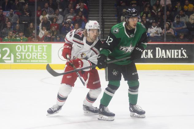 Grand Rapids Griffins' Tyler Spezia and Texas Stars' Riley Damiani on game day
