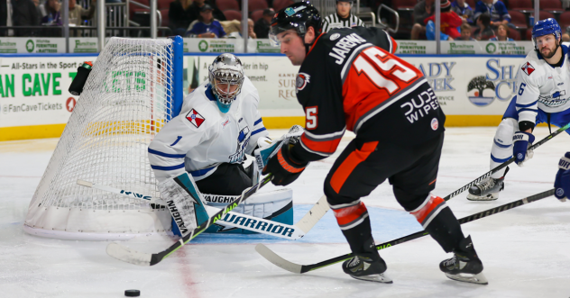 Wichita Thunder' Zachary Émond Battles Kansas City Mavericks' Jake Jaremko